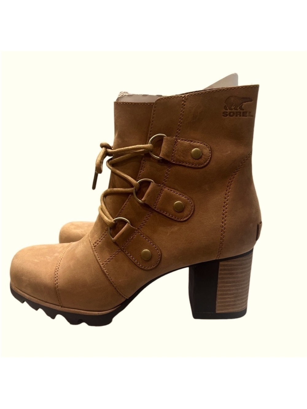 NWT’S Sorel Addington Lace Up Block Heel Moto Suede Tan Boot SZ 9